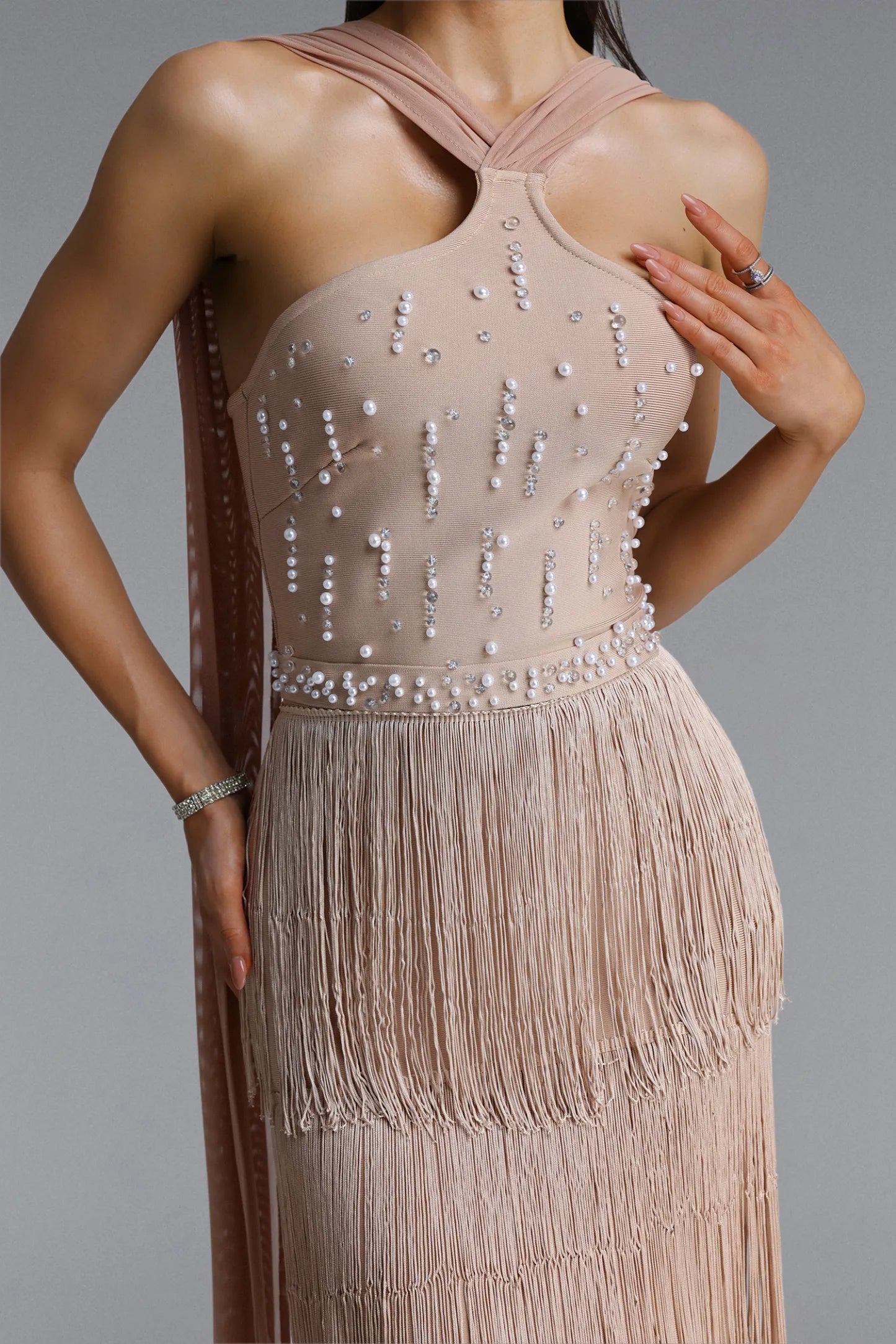 Embellished Halter Tiered Fringe Maxi Gown - Champagne
