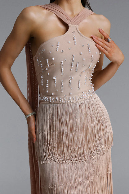 Embellished Halter Tiered Fringe Maxi Gown - Champagne