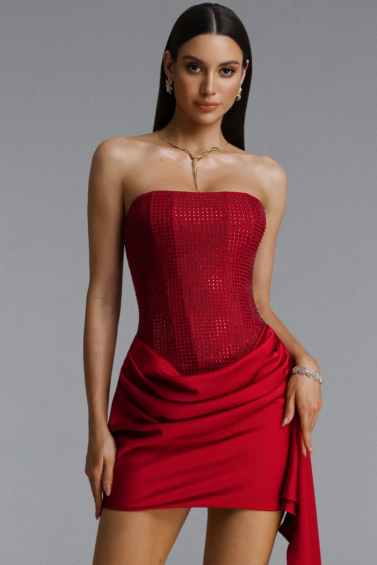 Crystal-Studded Corset Drape Mini Dress - Crimson Red