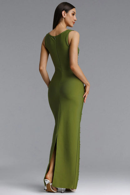 Crystal Embellished Square Neck Evening Gown - Olive Green