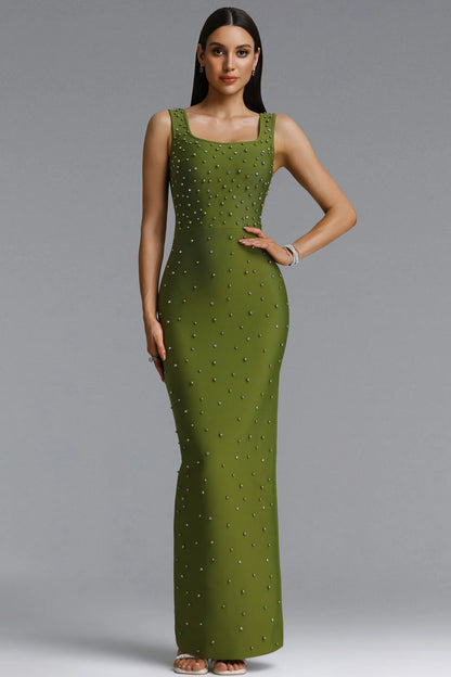 Crystal Embellished Square Neck Evening Gown - Olive Green