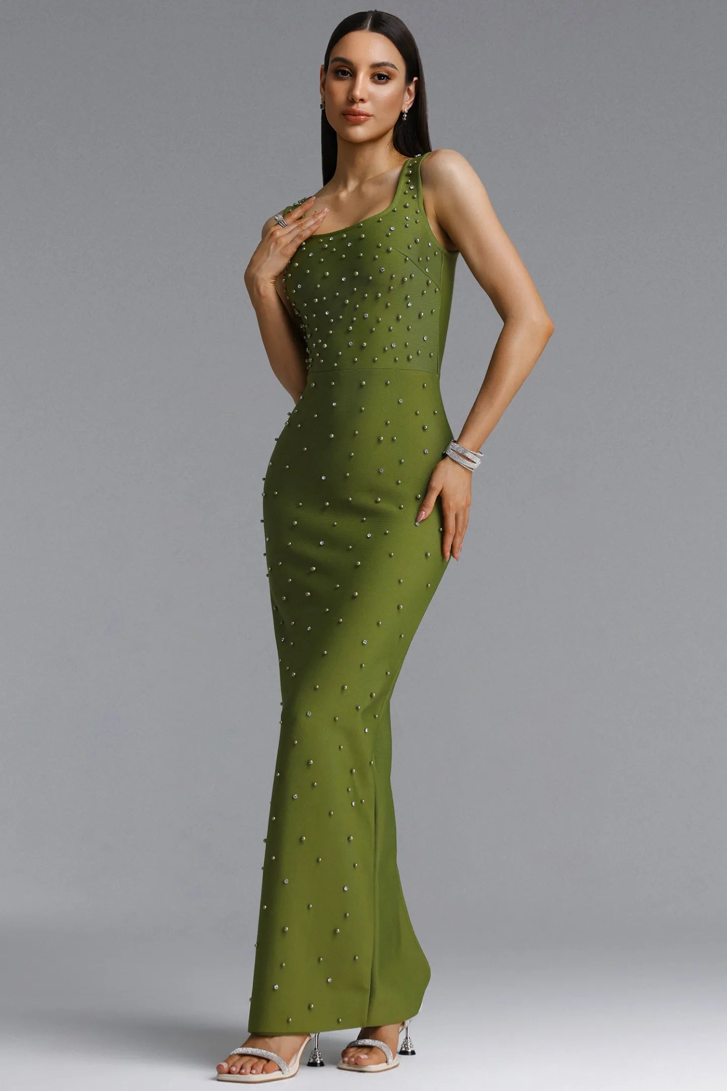 Crystal Embellished Square Neck Evening Gown - Olive Green