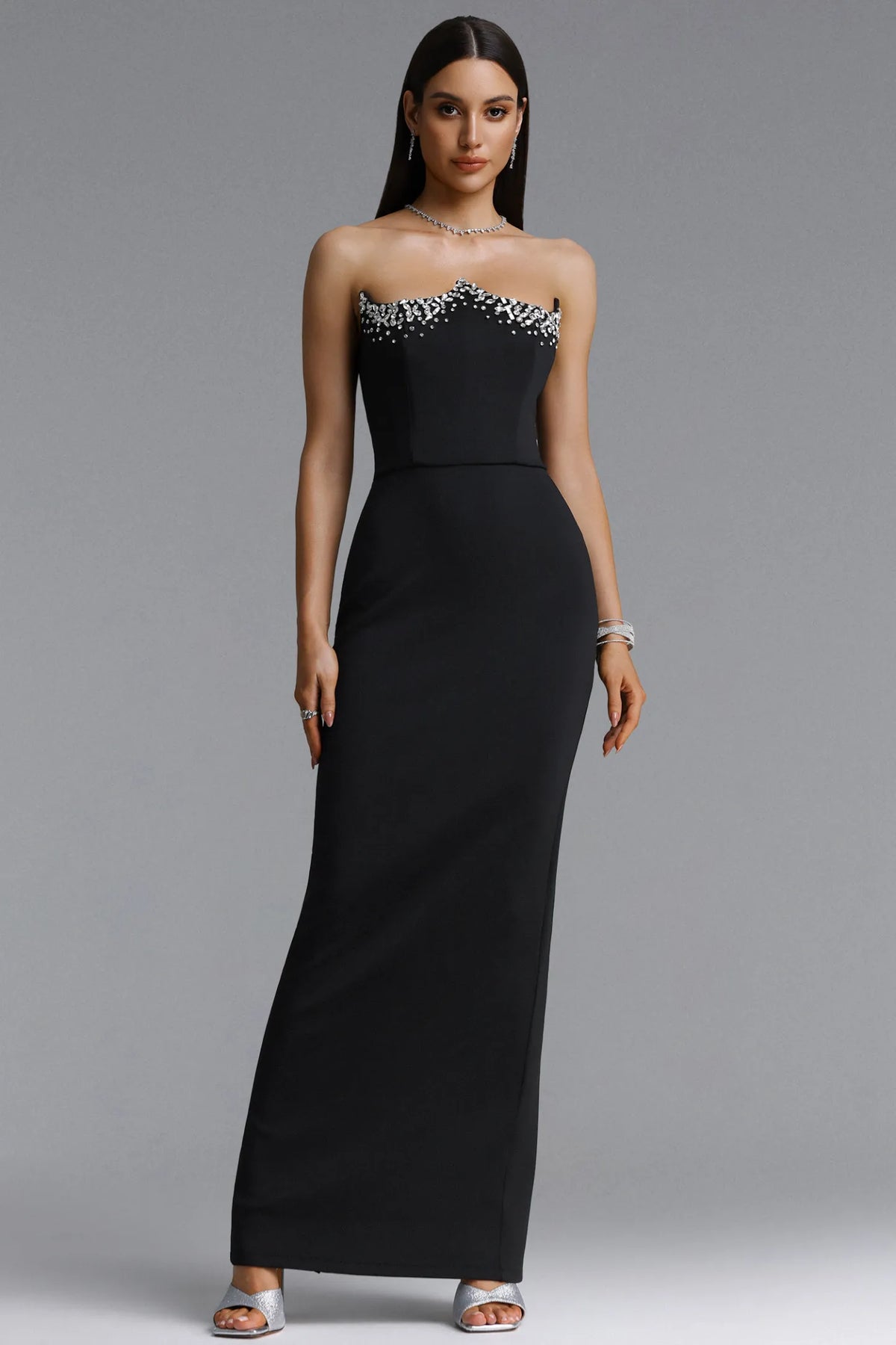 Crystal Embellished Strapless Maxi Gown - Black