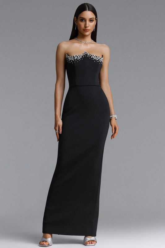 Crystal Embellished Strapless Maxi Gown - Black