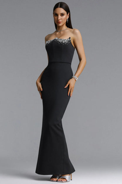 Crystal Embellished Strapless Maxi Gown - Black