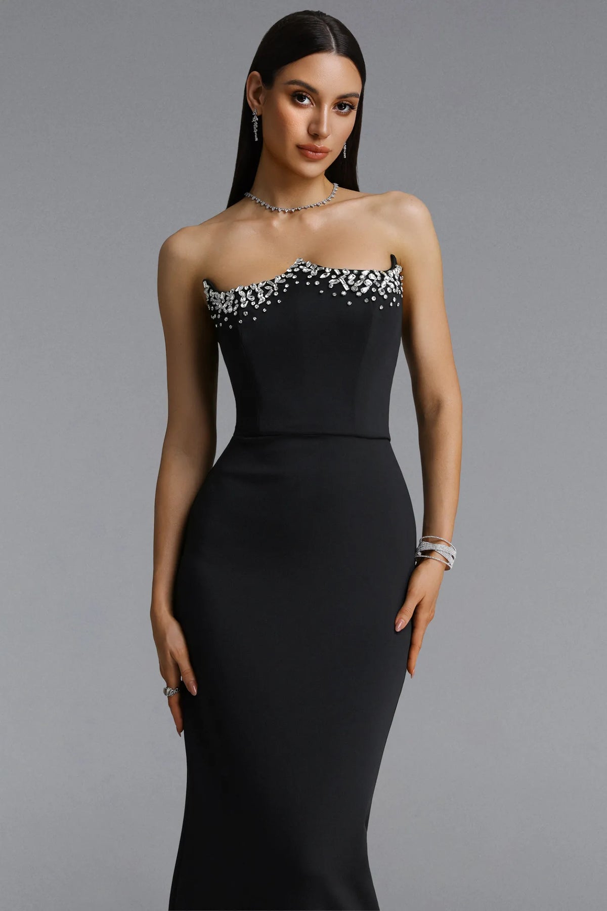 Crystal Embellished Strapless Maxi Gown - Black