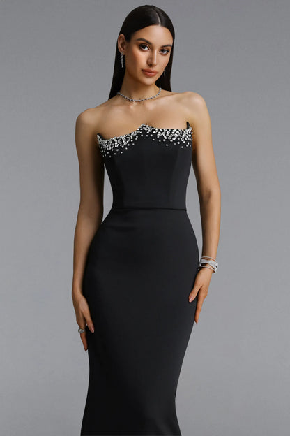 Crystal Embellished Strapless Maxi Gown - Black