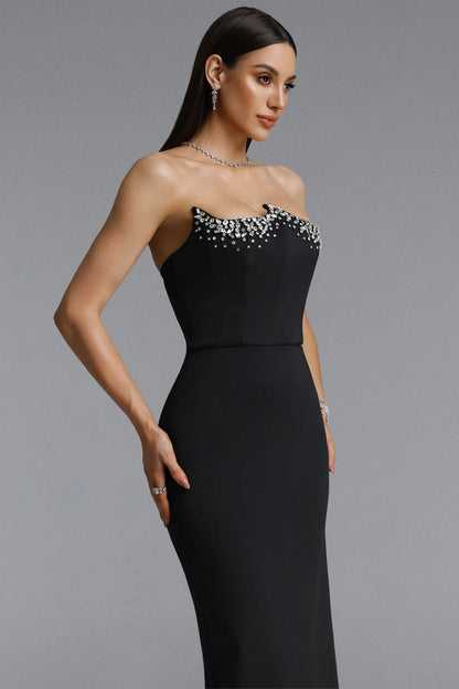 Crystal Embellished Strapless Maxi Gown - Black
