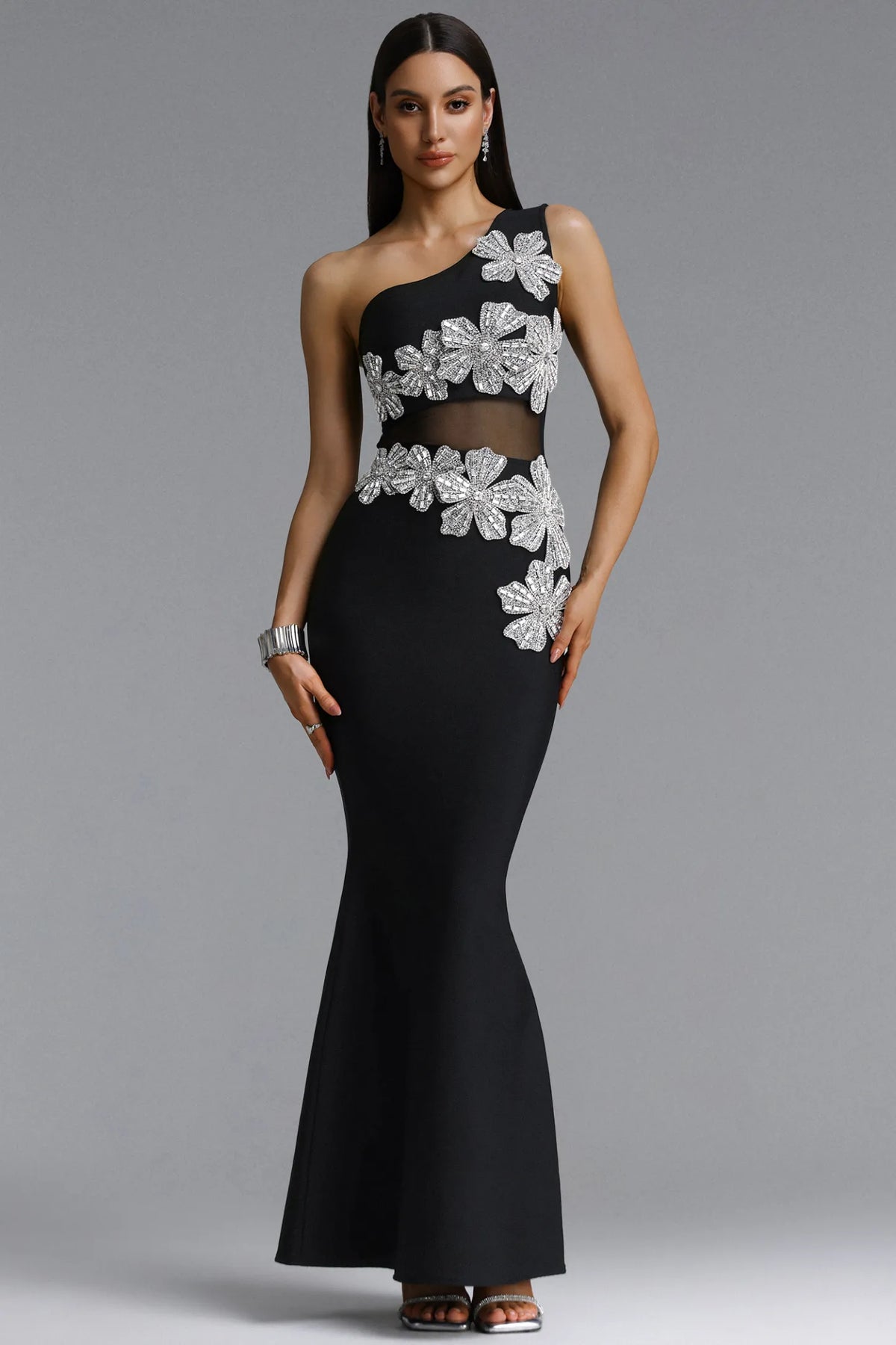 One-Shoulder Crystal Floral Illusion Evening Gown - Black
