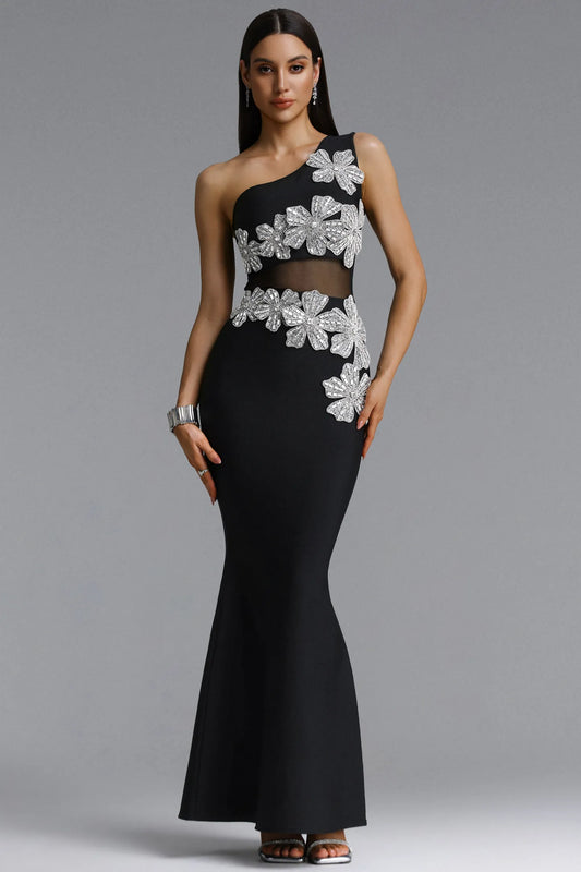 One-Shoulder Crystal Floral Illusion Evening Gown - Black