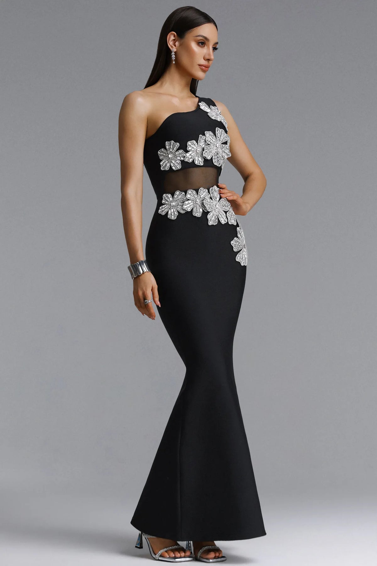 One-Shoulder Crystal Floral Illusion Evening Gown - Black