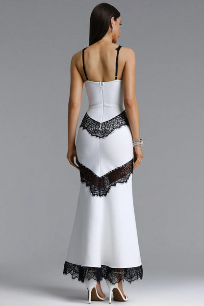 Contrast Lace Lingerie-Inspired Maxi Dress - White & Black