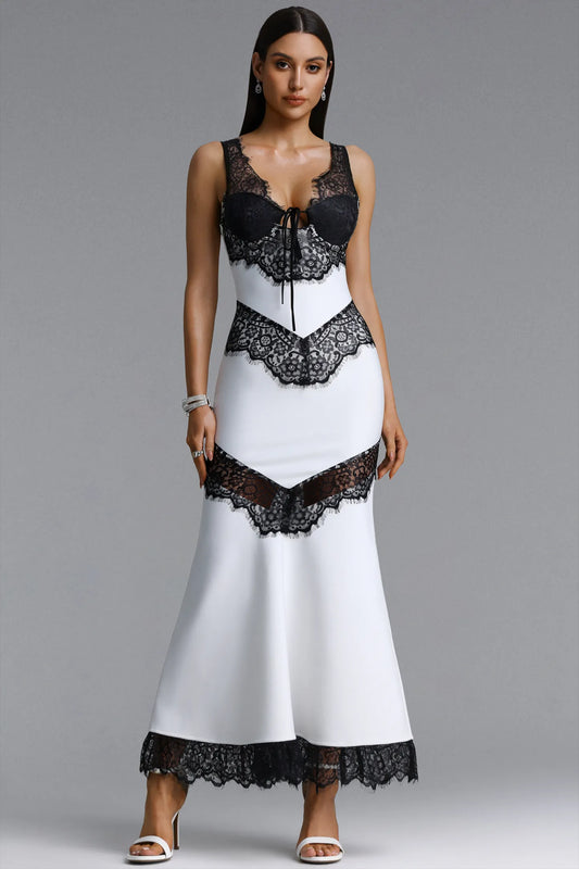 Contrast Lace Lingerie-Inspired Maxi Dress - White & Black