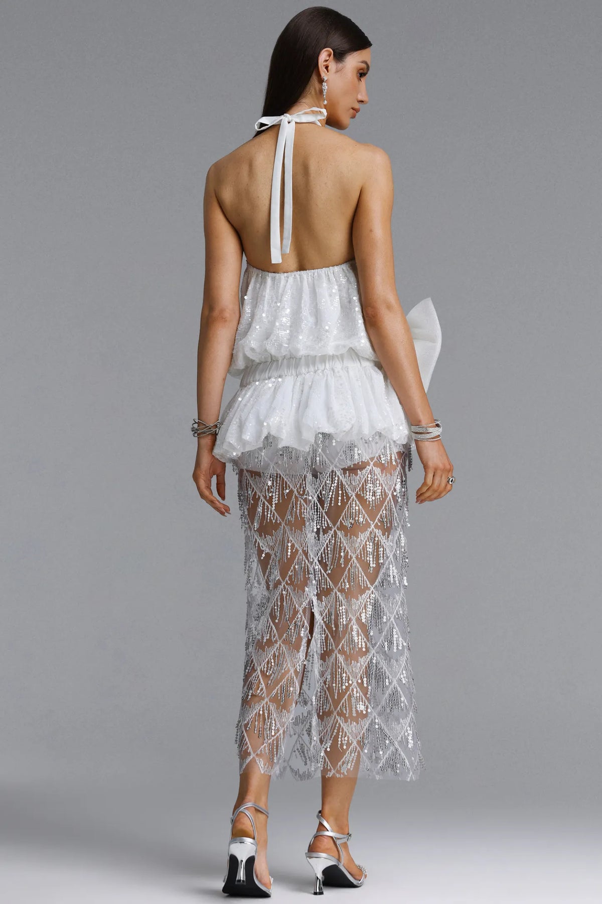 Sequin Halter Drop-Waist Midi Dress with Sheer Lattice Skirt - White/Silver