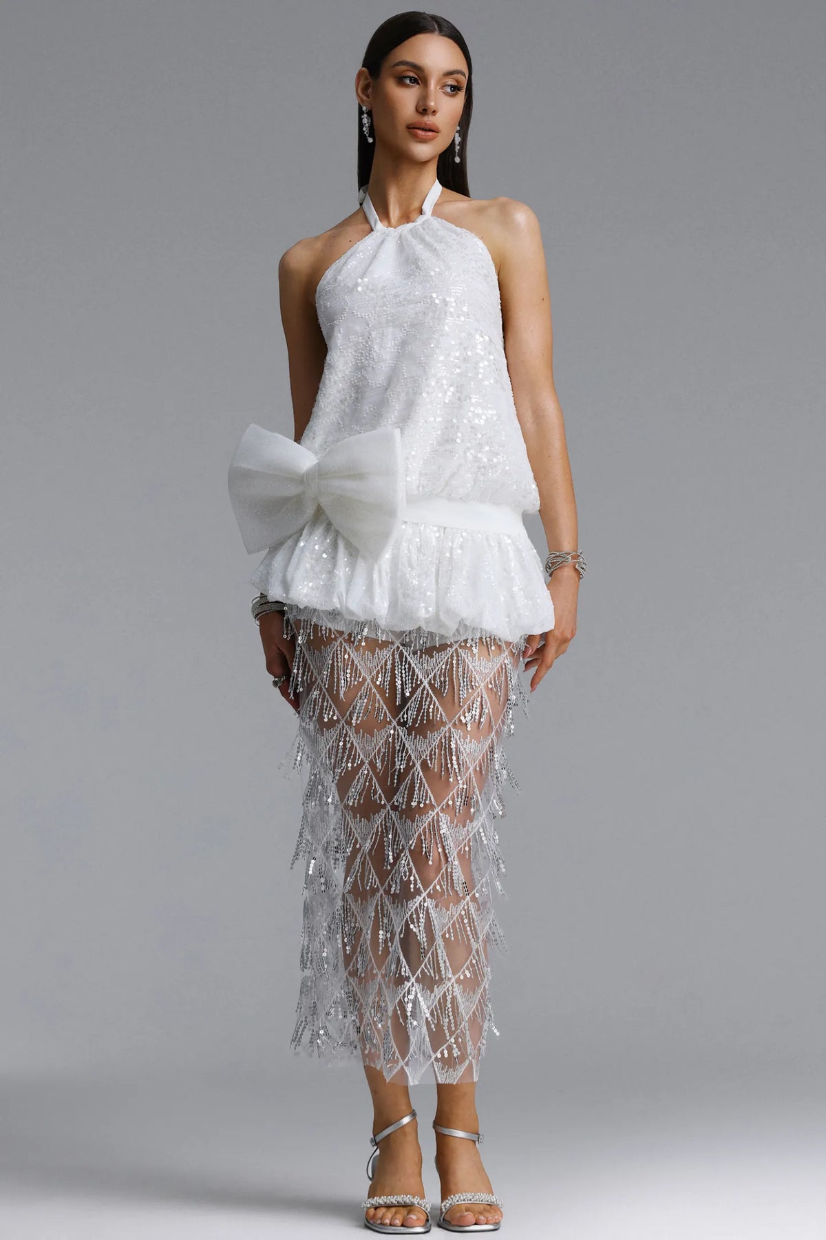 Sequin Halter Drop-Waist Midi Dress with Sheer Lattice Skirt - White/Silver