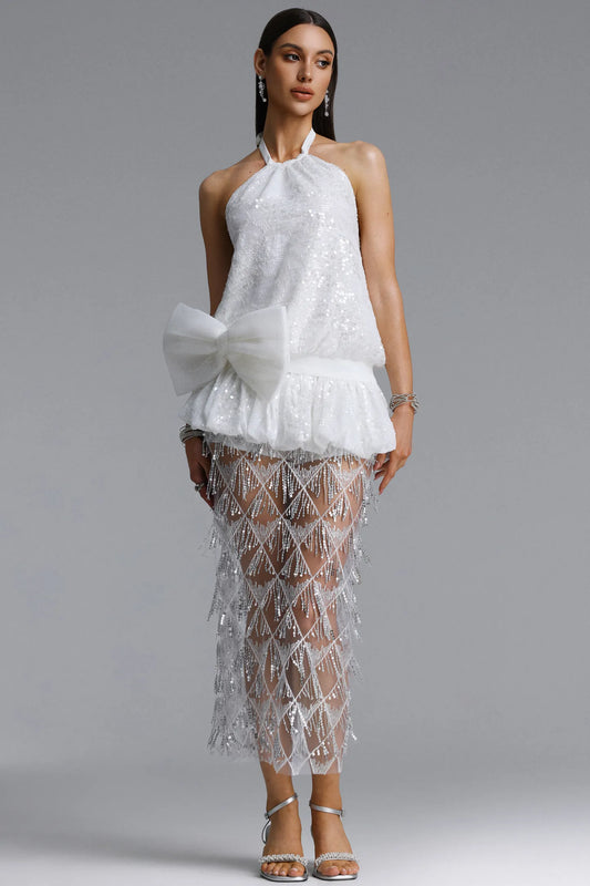 Sequin Halter Drop-Waist Midi Dress with Sheer Lattice Skirt - White/Silver