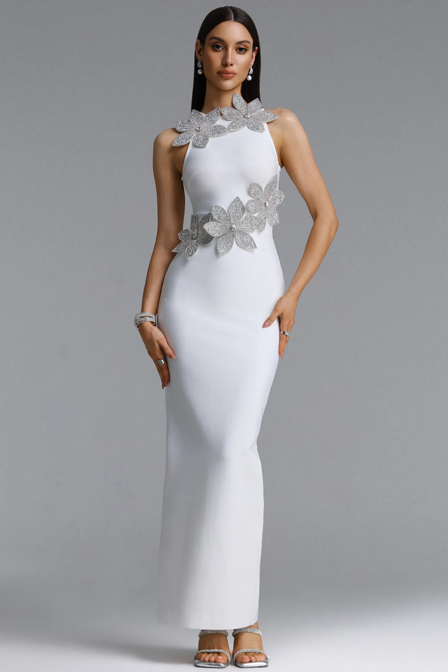 3D Crystal Floral Halter Evening Gown - White