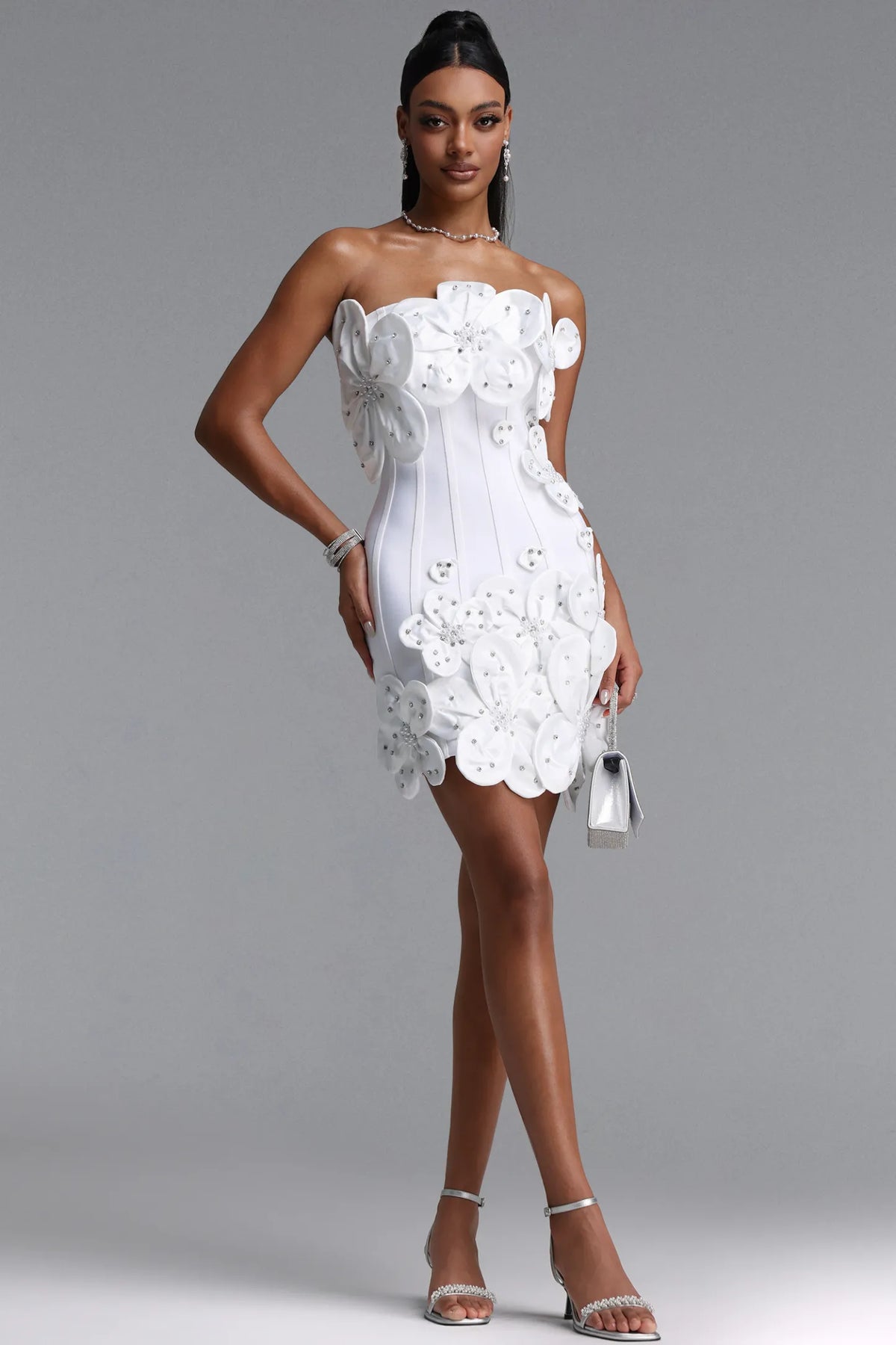 3D Floral Embellished Strapless Corset Mini Dress - White