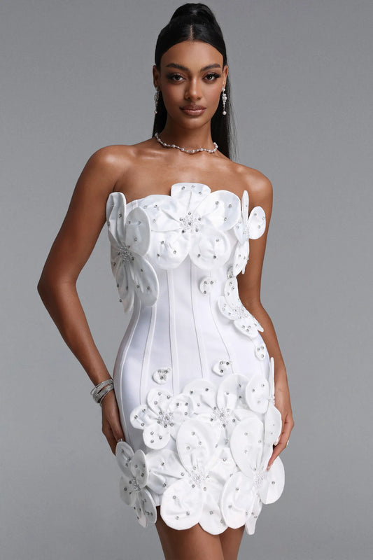 3D Floral Embellished Strapless Corset Mini Dress - White