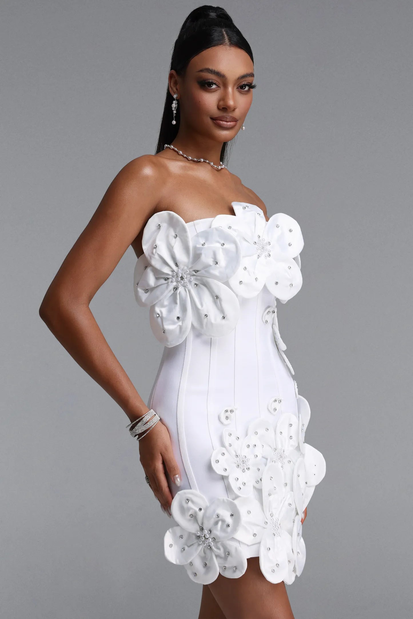 3D Floral Embellished Strapless Corset Mini Dress - White