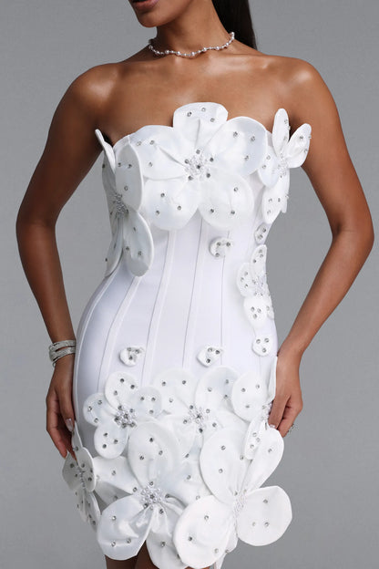 3D Floral Embellished Strapless Corset Mini Dress - White