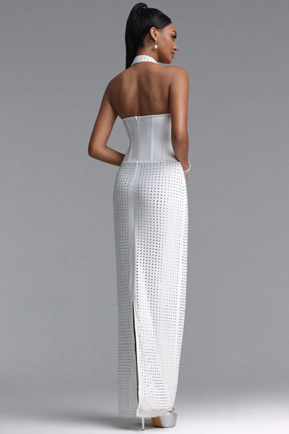 Rhinestone Embellished Halter Corset Gown - White