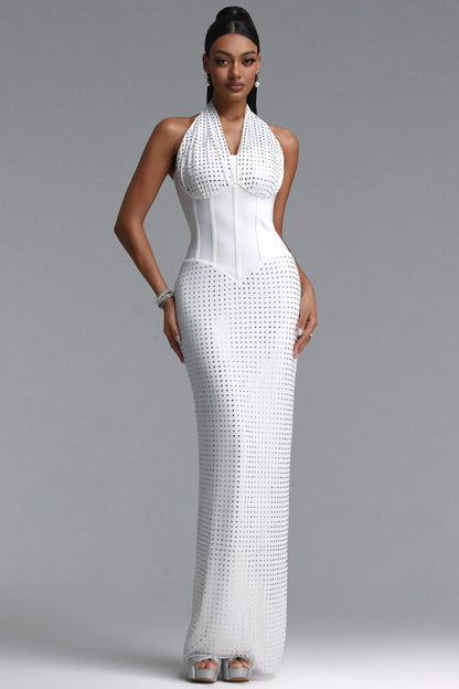 Rhinestone Embellished Halter Corset Gown - White
