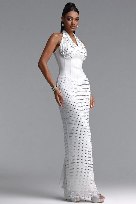 Rhinestone Embellished Halter Corset Gown - White