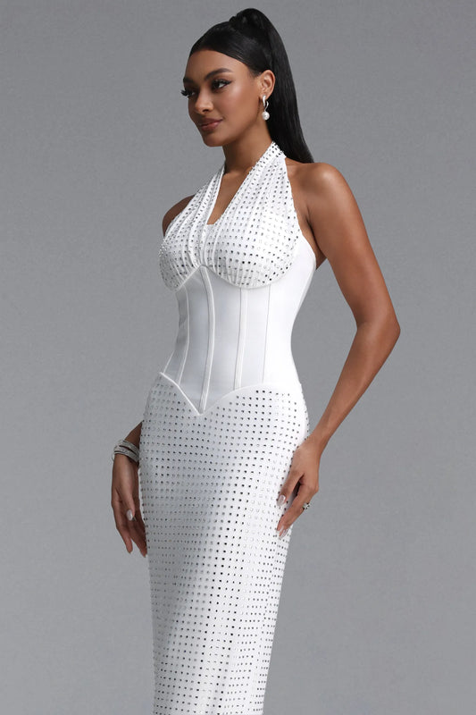 Rhinestone Embellished Halter Corset Gown - White