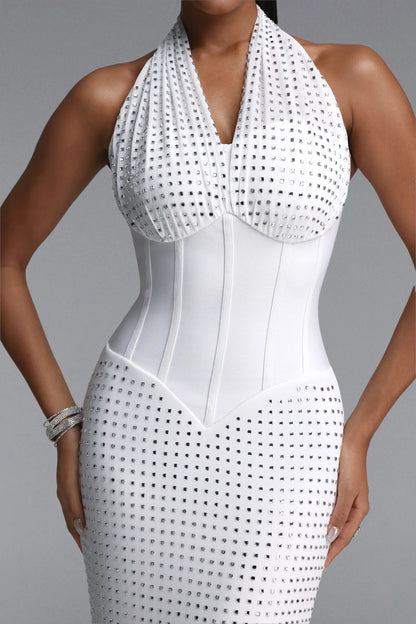 Rhinestone Embellished Halter Corset Gown - White