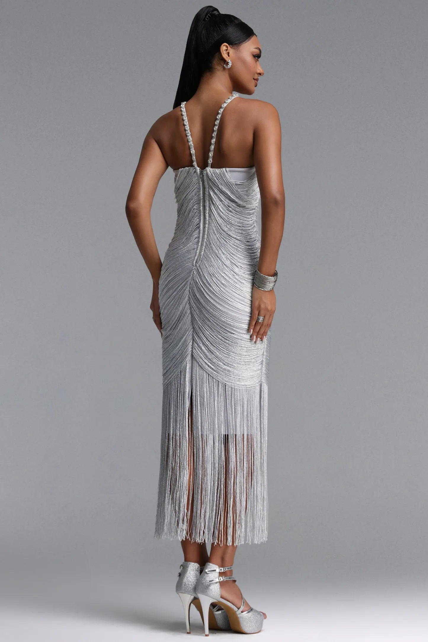 Crystal Embellished Halter Fringe Midi Dress - Metallic Silver