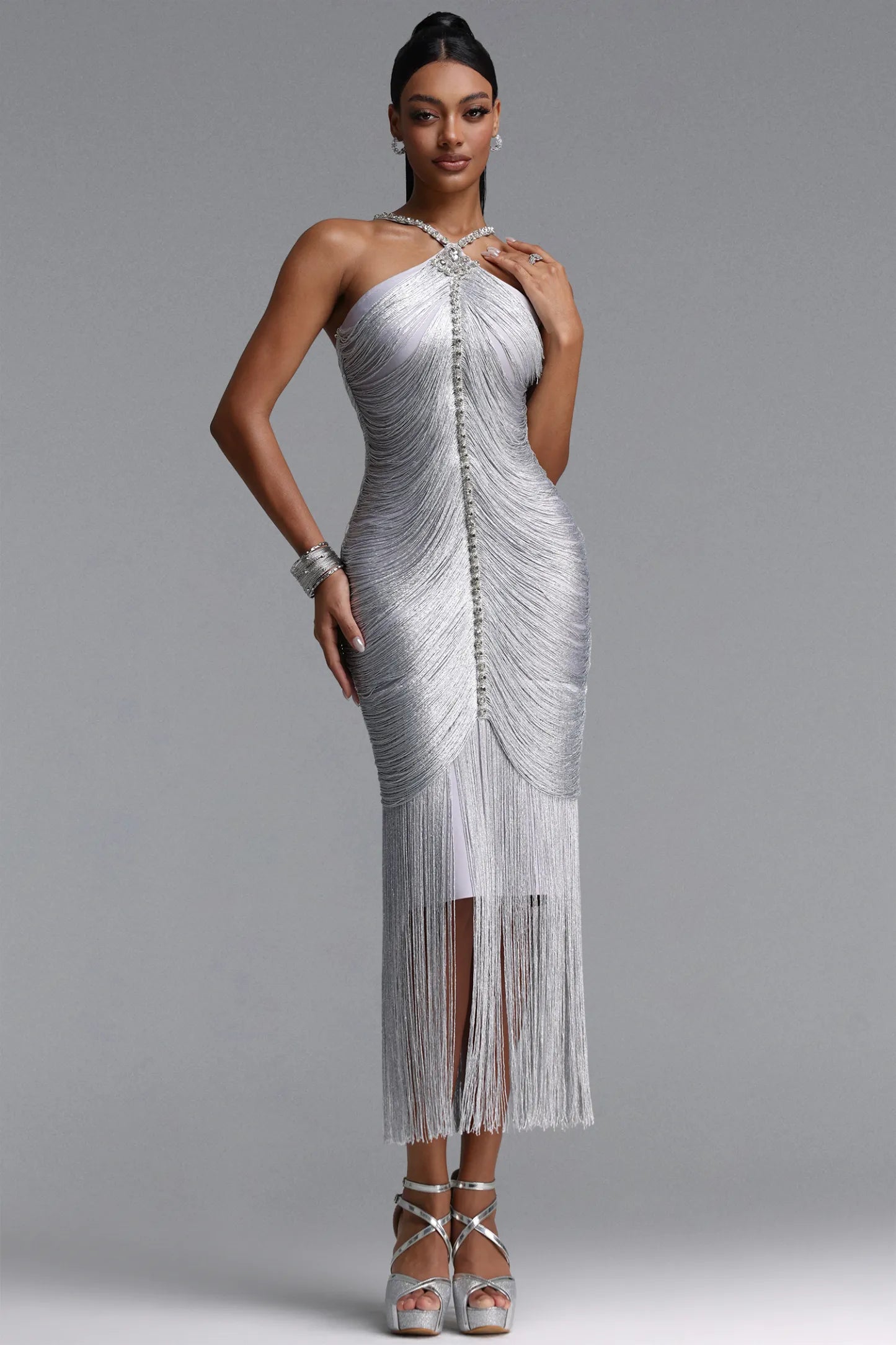Crystal Embellished Halter Fringe Midi Dress - Metallic Silver