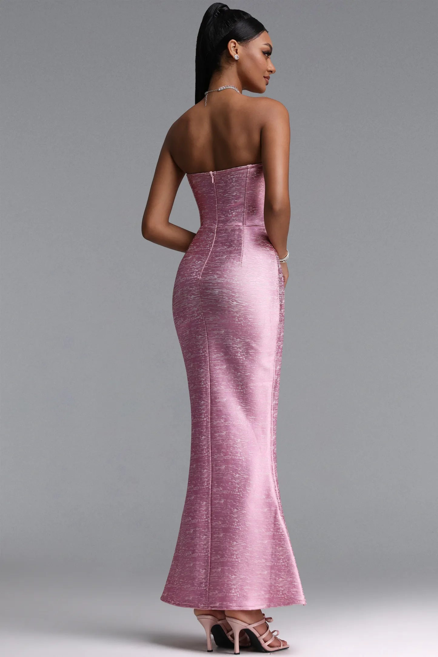 Pearl Embellished Strapless Metallic Mermaid Gown - Rose Pink