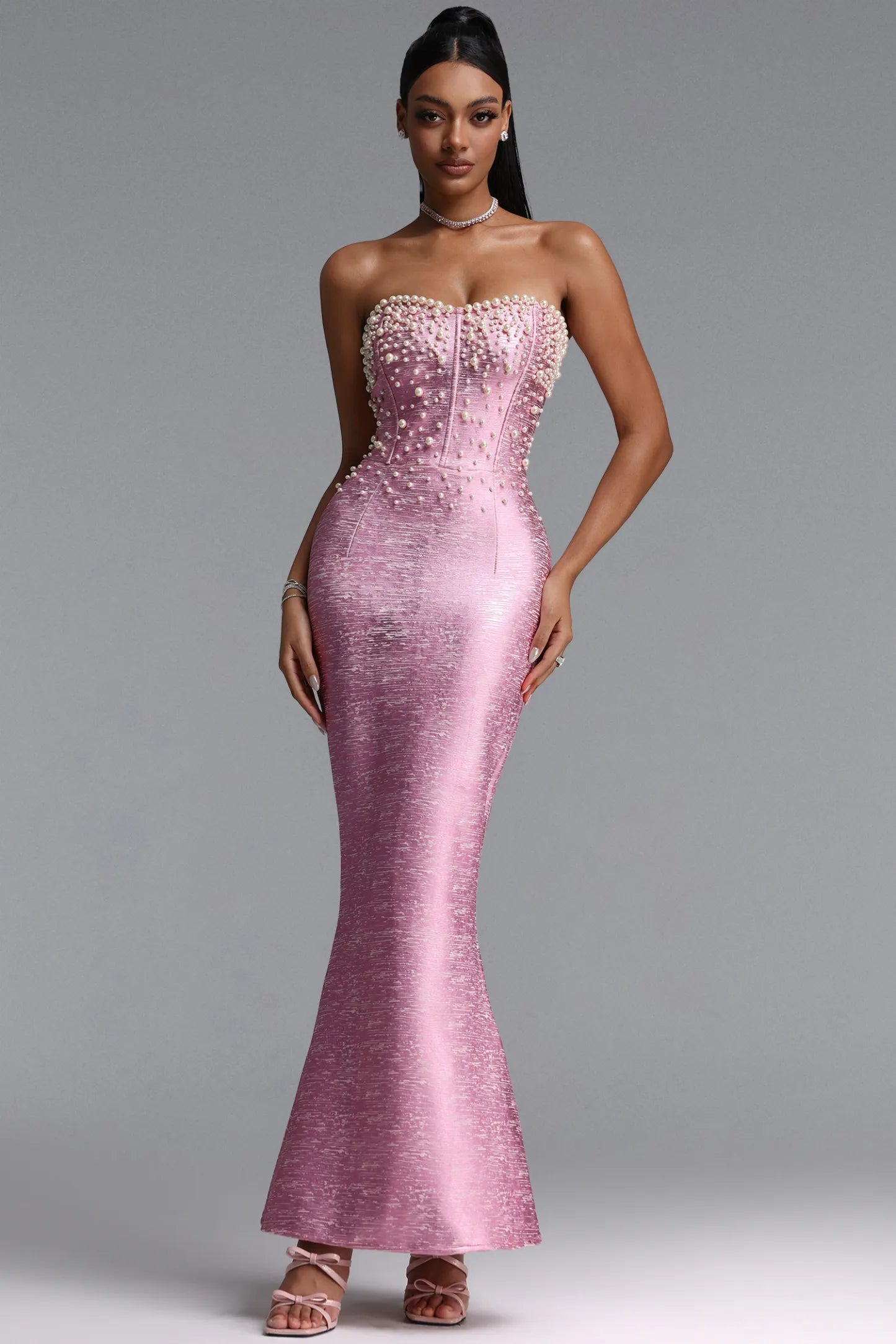 Pearl Embellished Strapless Metallic Mermaid Gown - Rose Pink