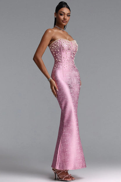 Pearl Embellished Strapless Metallic Mermaid Gown - Rose Pink