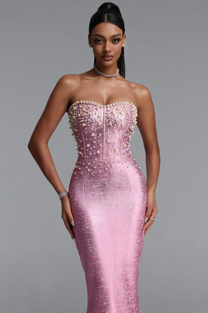 Pearl Embellished Strapless Metallic Mermaid Gown - Rose Pink