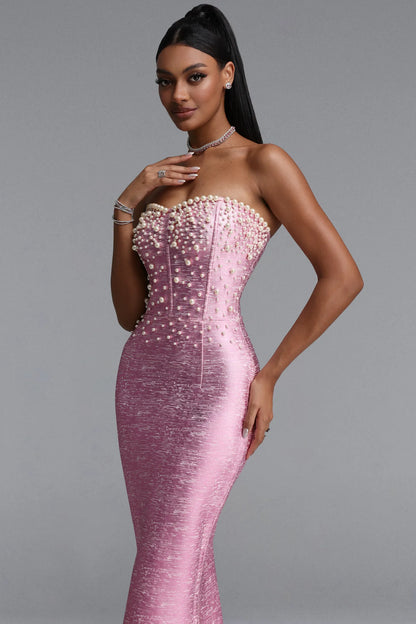Pearl Embellished Strapless Metallic Mermaid Gown - Rose Pink
