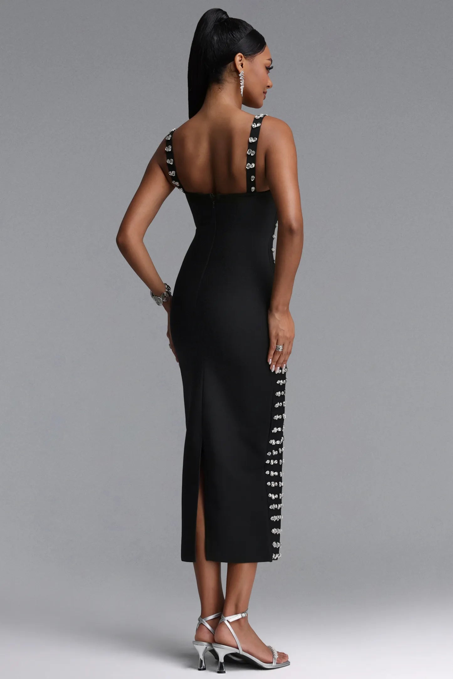 Crystal Embellished Sweetheart Midi Dress - Black