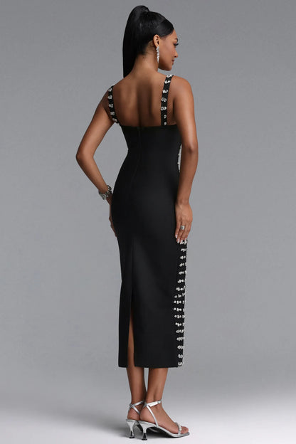 Crystal Embellished Sweetheart Midi Dress - Black