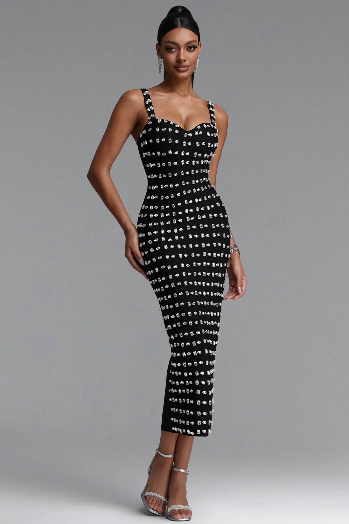 Crystal Embellished Sweetheart Midi Dress - Black
