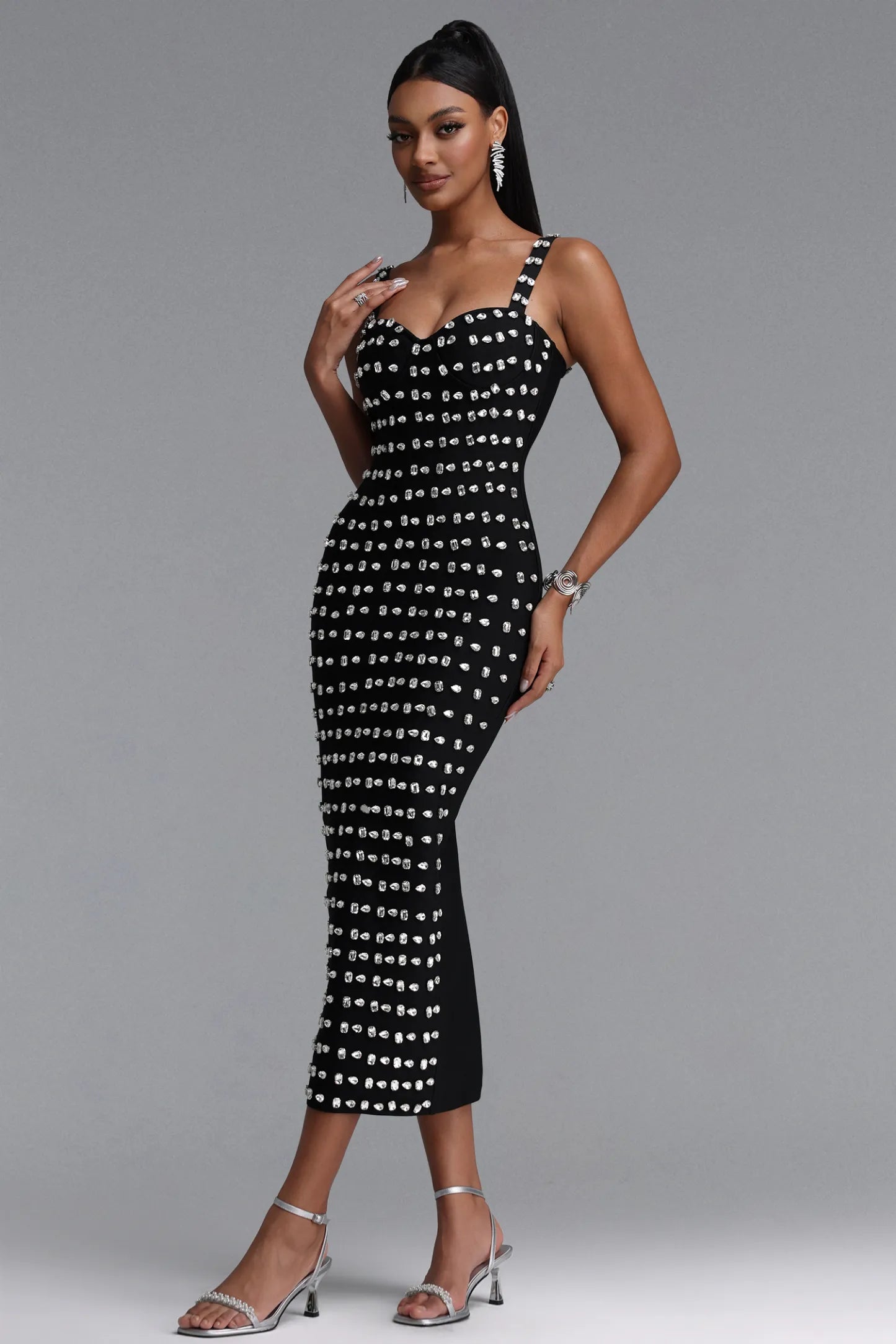 Crystal Embellished Sweetheart Midi Dress - Black