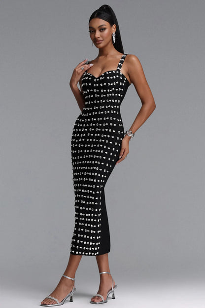 Crystal Embellished Sweetheart Midi Dress - Black
