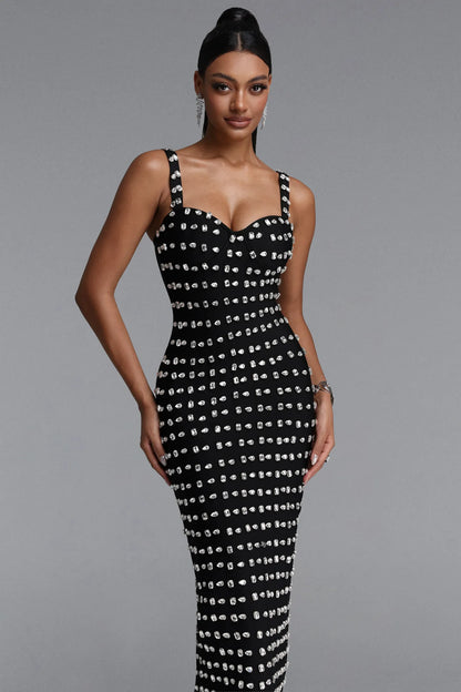 Crystal Embellished Sweetheart Midi Dress - Black