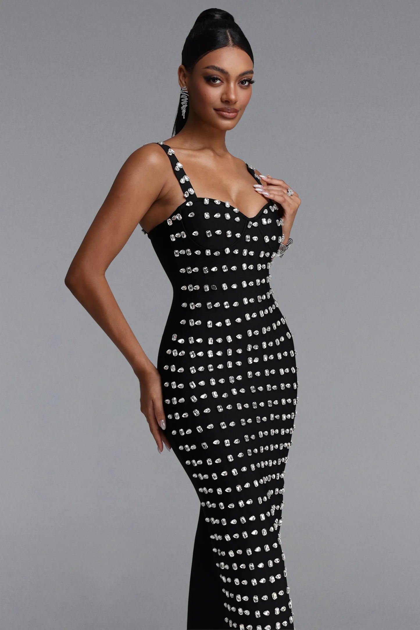 Crystal Embellished Sweetheart Midi Dress - Black