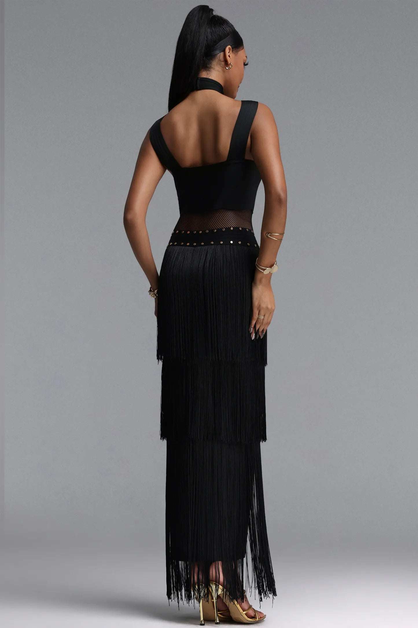 Studded Fishnet & Tiered Fringe Halter Gown - Black