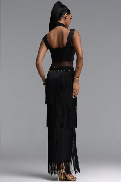 Studded Fishnet & Tiered Fringe Halter Gown - Black