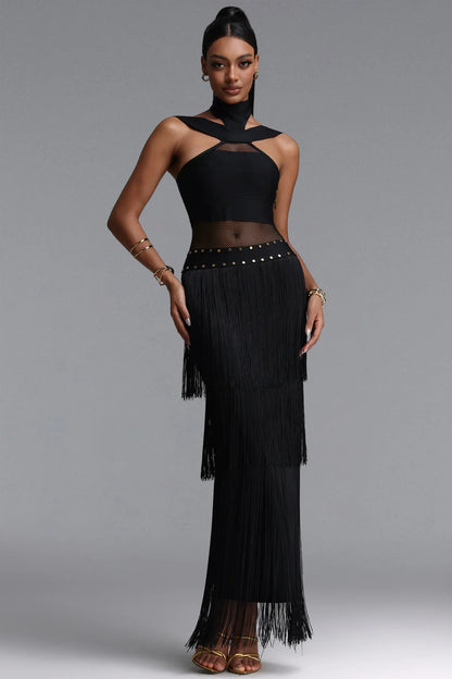 Studded Fishnet & Tiered Fringe Halter Gown - Black