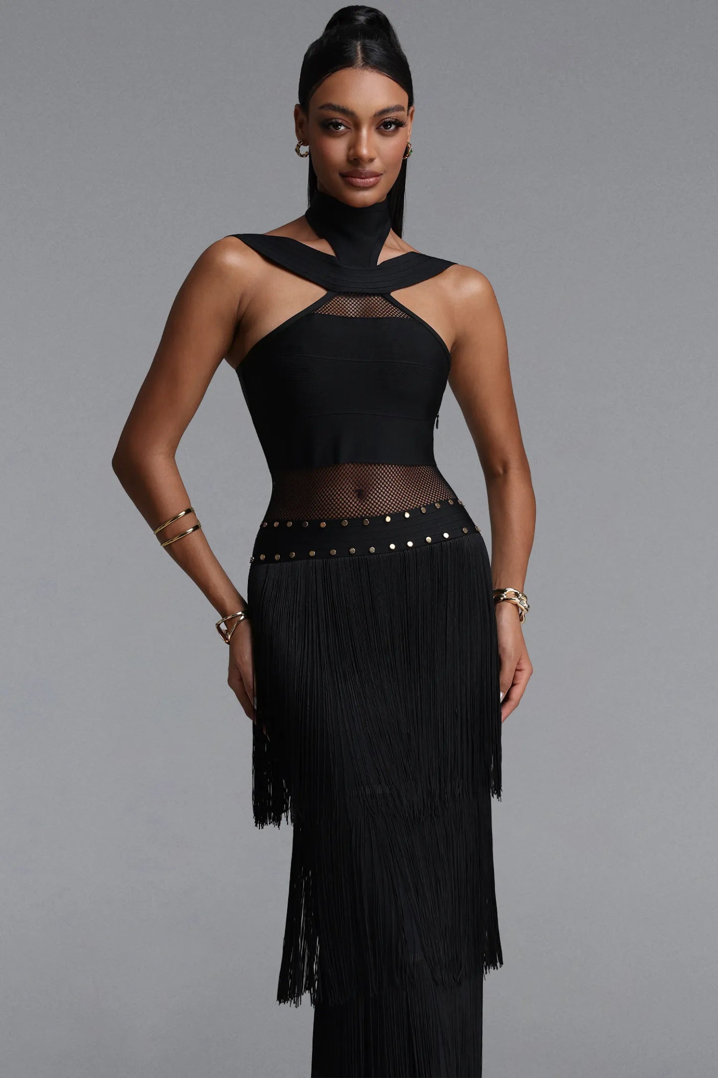 Studded Fishnet & Tiered Fringe Halter Gown - Black