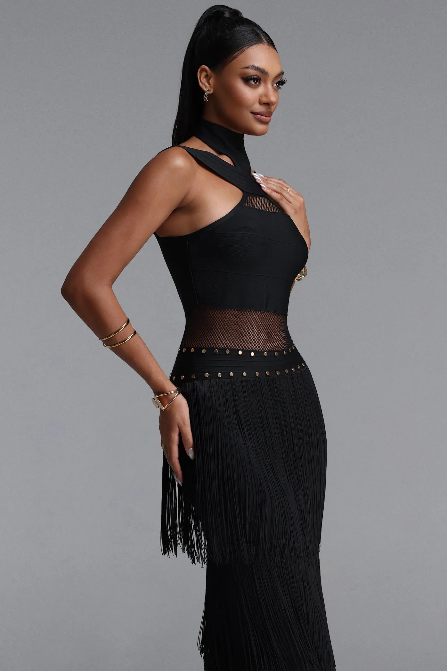 Studded Fishnet & Tiered Fringe Halter Gown - Black