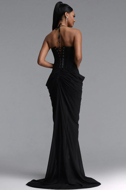 Embroidered Corset Draped Maxi Gown - Black